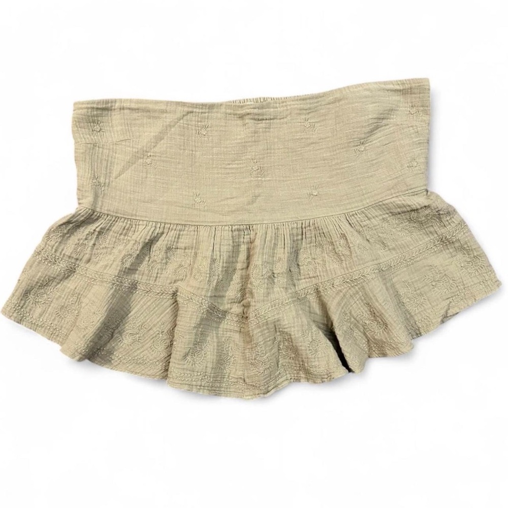 Boho Light‎ Green Ruffle Mini Skirt XL Embroidered Flowers Festival